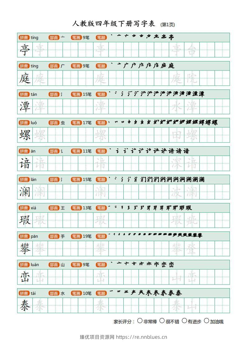 四年级语文下册写字表（20页）PDF（部编版） - 臻优资源网