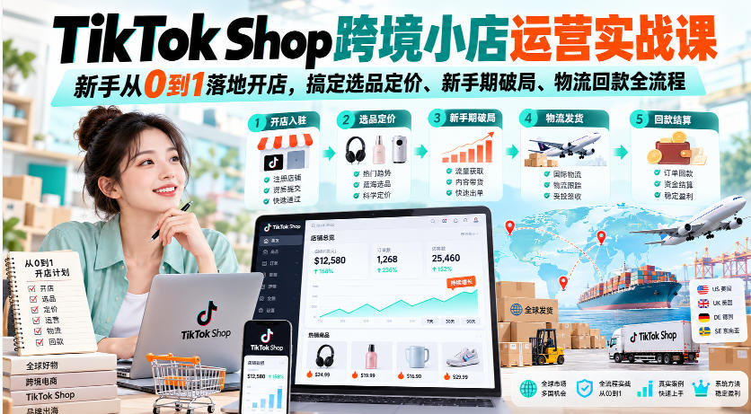 TikTok Shop跨境小店运营实战课,新手从0到1落地开店,搞定选品定价、新手期破局、物流回款全流程 - 臻优资源网