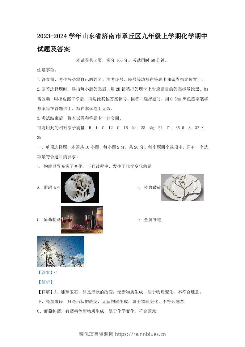 2023-2024学年山东省济南市章丘区九年级上学期化学期中试题及答案(Word版) - 臻优资源网
