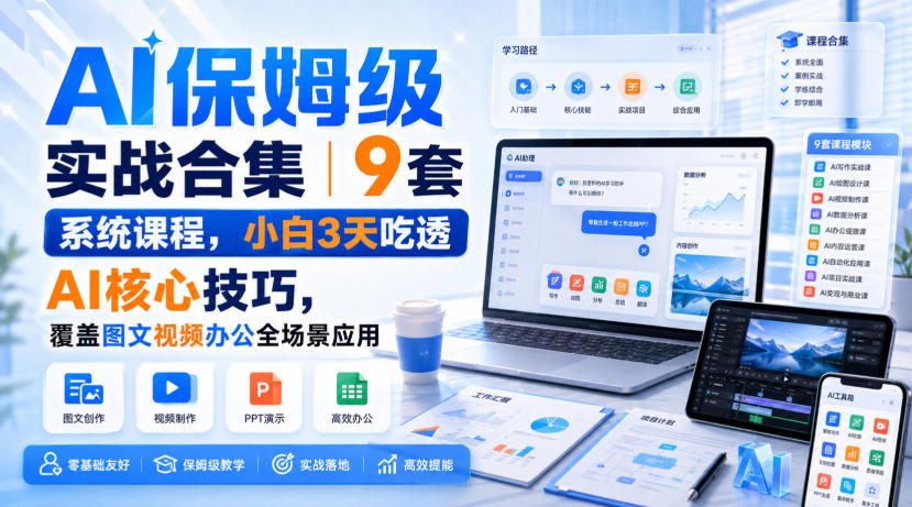 AI保姆级实战合集｜9套系统课程，小白3天吃透AI核心技巧，覆盖图文视频办公全场景应用 - 臻优资源网