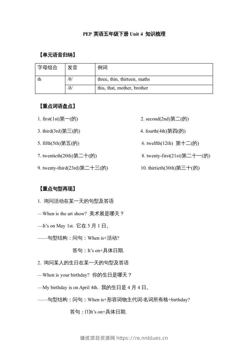 五年级英语下册【完美】单元知识梳理-Unit4Whenistheartshow（人教PEP版） - 臻优资源网
