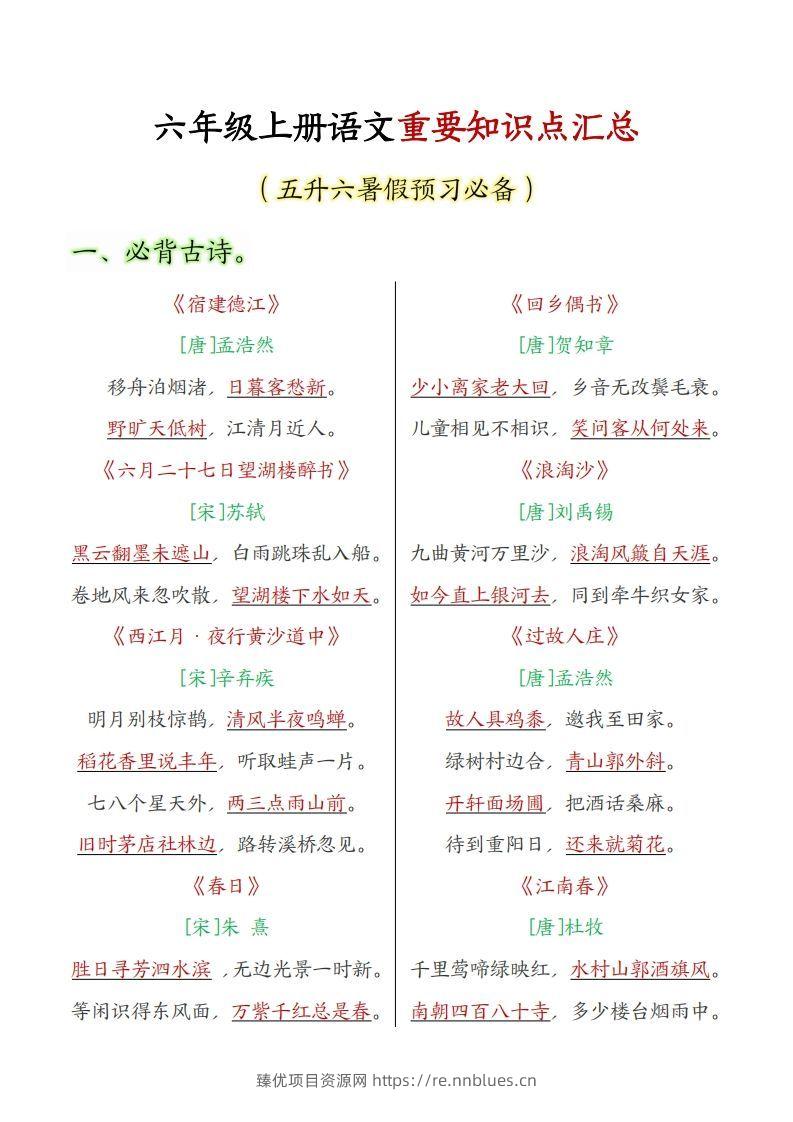 六上语文全册重点知识汇总 - 臻优资源网