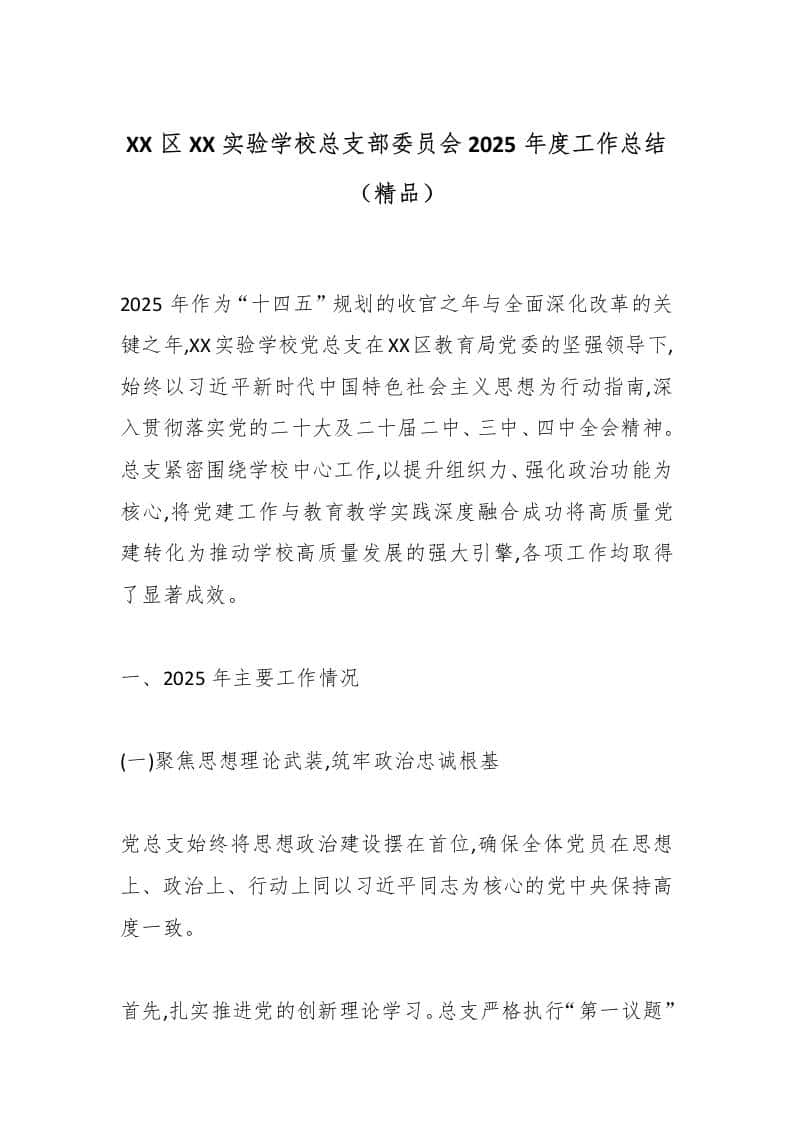 XX区XX实验学校总支部委员会2025年度工作总结（精品） - 臻优资源网