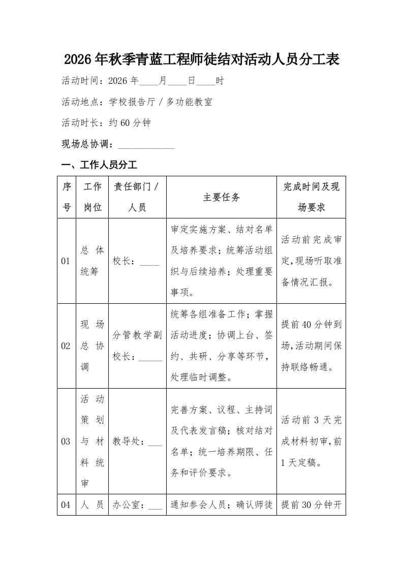 10青蓝携手薪火相传——2026年秋季青蓝工程师徒结对活动工作人员分工表 - 臻优资源网