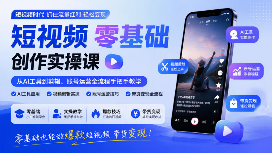 短视频零基础创作实操课，从AI工具到剪辑、账号运营全流程手把手教学，零基础也能做爆款短视频带货变现 - 臻优资源网