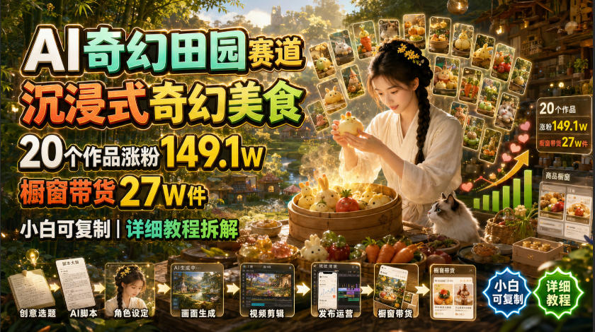 AI奇幻田园赛道,沉浸式奇幻美食,20个作品涨粉149.1W,橱窗带货27W件,小白可复制,详细教程拆解 - 臻优资源网