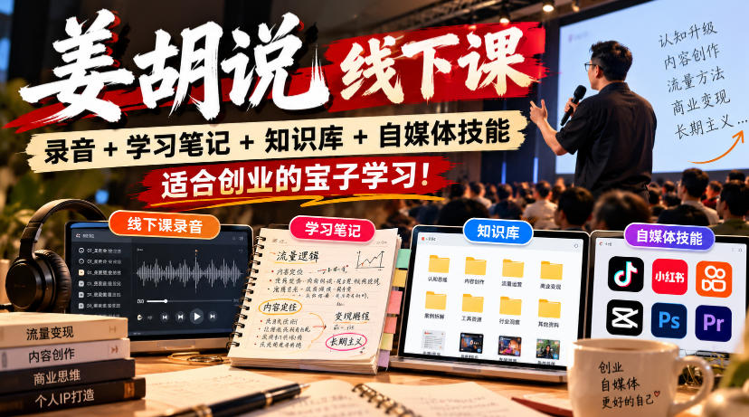 姜胡说线下课录音＋学习笔记＋知识库＋自媒体技能，​适合创业的宝子学习！ - 臻优资源网