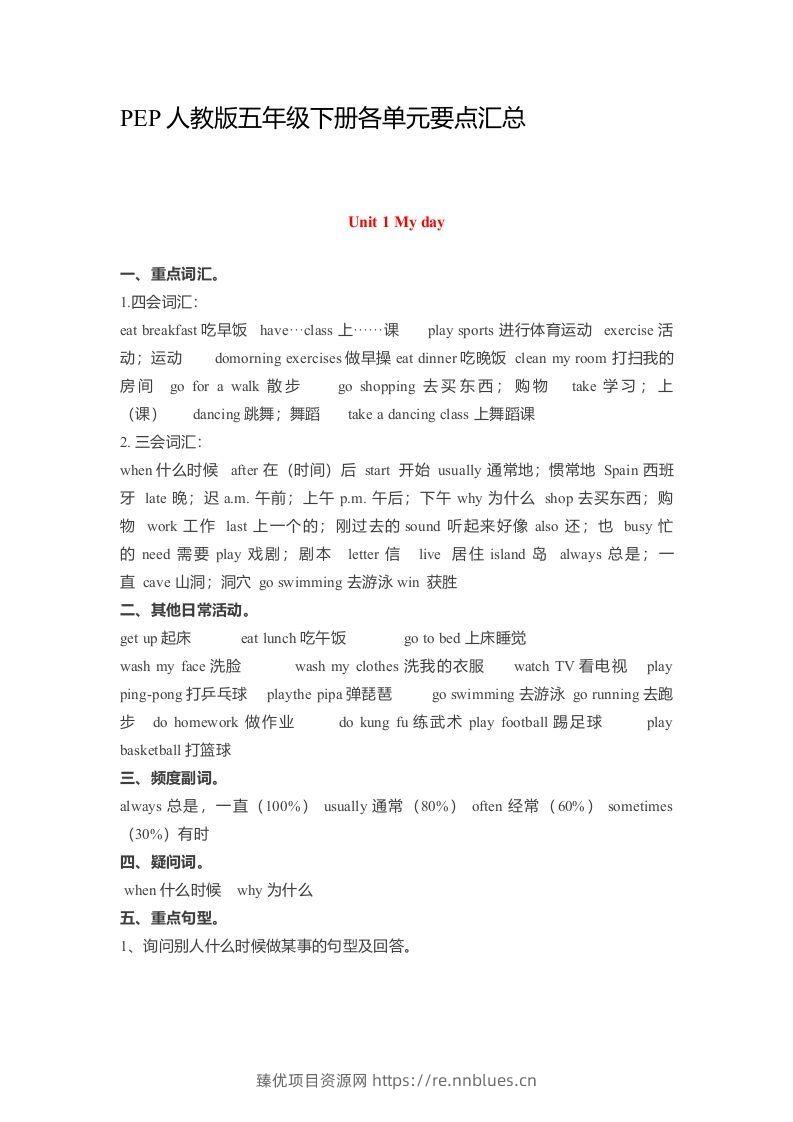 五年级英语下册素材-各单元要点汇总（人教PEP版） - 臻优资源网