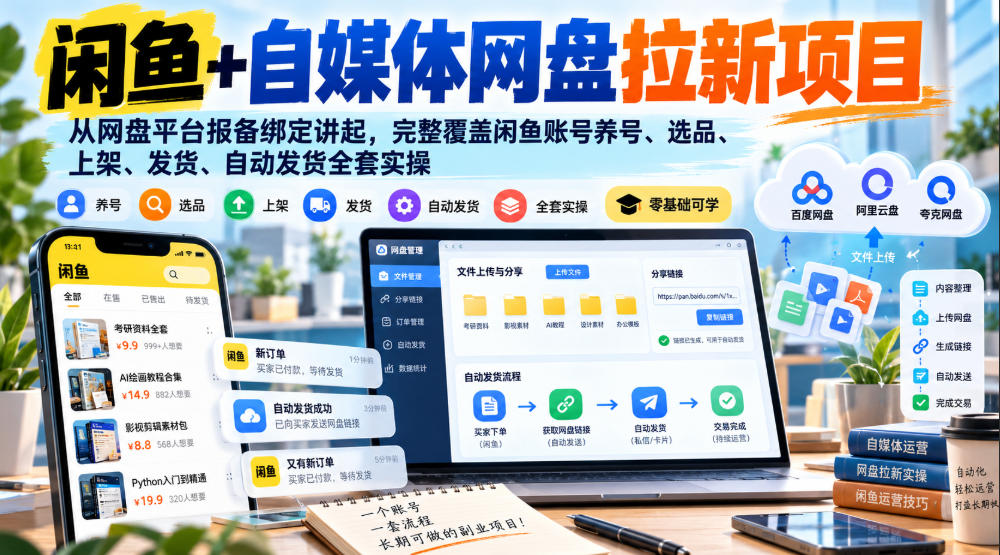 闲鱼+自媒体网盘拉新项目，从网盘平台报备绑定讲起，完整覆盖闲鱼账号养号、选品、上架、发货、自动发货全套实操 - 臻优资源网