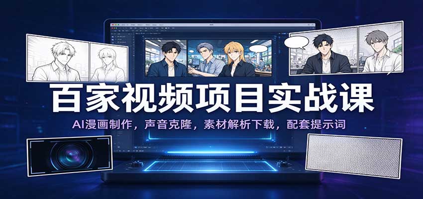 百家视频项目实战课：AI漫画制作，声音克隆，素材解析下载，配套提示词 - 臻优资源网