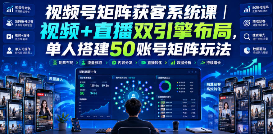 视频号矩阵获客系统课|视频+直播双引擎布局,单人搭建50账号矩阵玩法,流量入池、搜索占位、全域引流沉淀私域全流程教学 - 臻优资源网