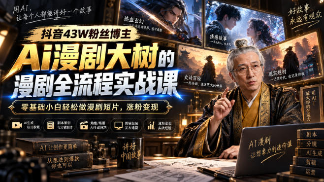 抖音43W粉丝博主Ai漫剧大树的漫剧制作全流程实战课，零基础小白轻松做漫剧短片，涨粉变现 - 臻优资源网