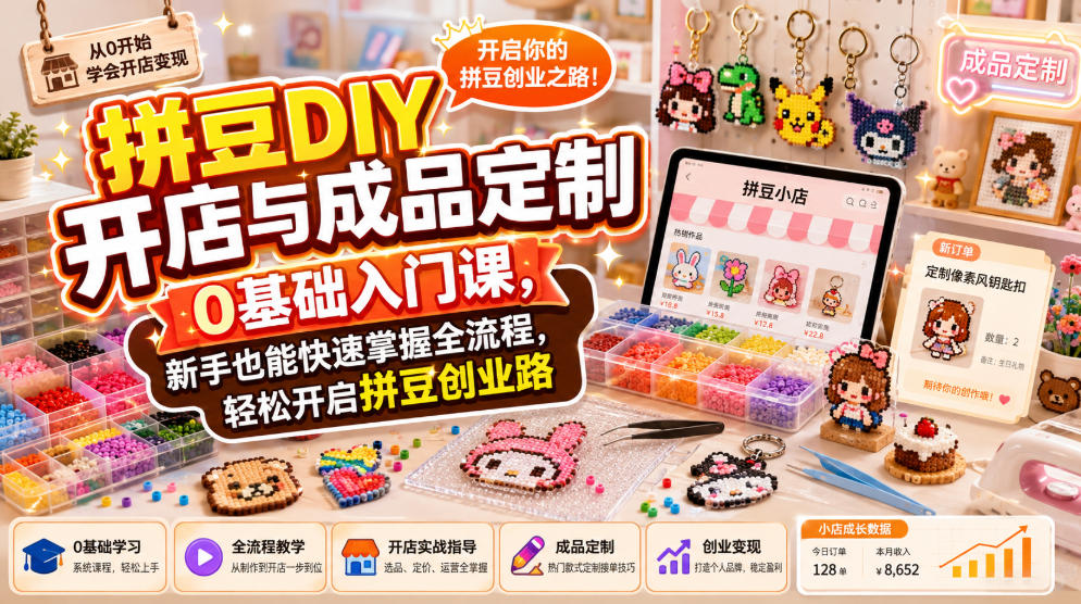 拼豆DIY开店与成品定制0基础入门课，新手也能快速掌握全流程，轻松开启拼豆创业路 - 臻优资源网