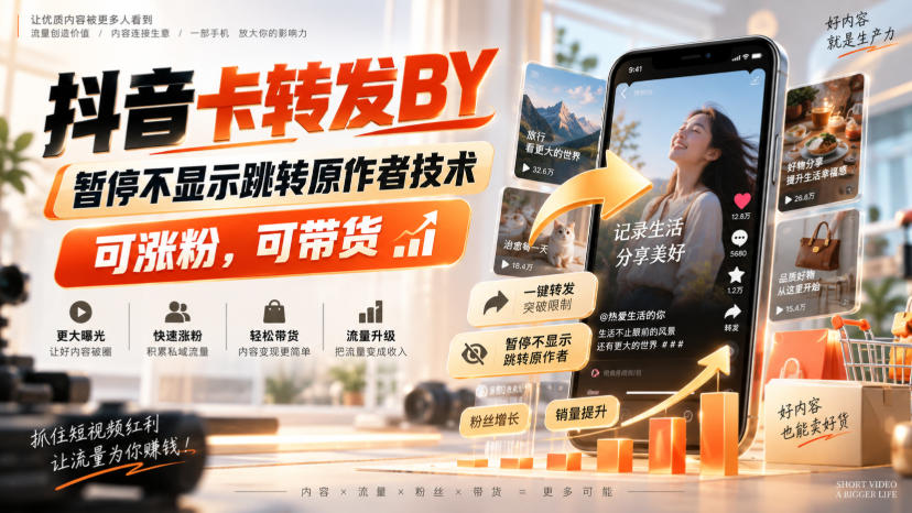 抖音卡转发搬运，暂停不显示跳转原作者技术，可涨粉，可带货 - 臻优资源网