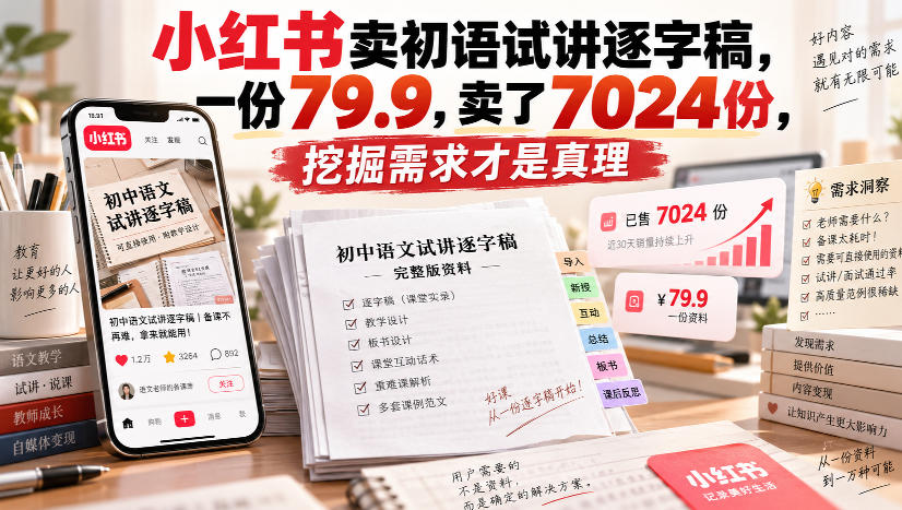 小红书卖初语试讲逐字稿，一份79.9，卖了7024份，挖掘需求才是真理 - 臻优资源网