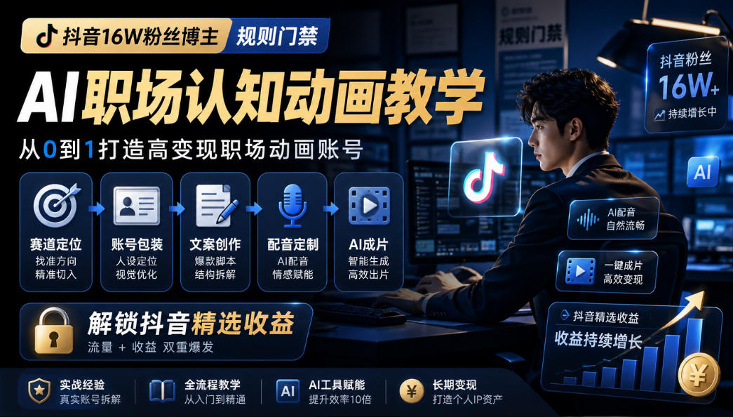 抖音16W粉丝博主规则门禁的AI职场认知动画教学，从赛道定位、账号包装，到文案创作、配音定制、AI成片，解锁抖音精选收益 - 臻优资源网