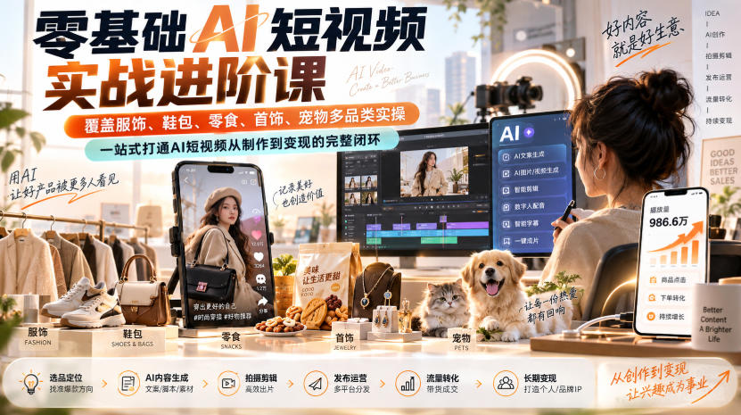 零基础AI短视频实战进阶课，覆盖服饰、鞋包、零食、首饰、宠物多品类实操，一站式打通AI短视频从制作到变现的完整闭环 - 臻优资源网