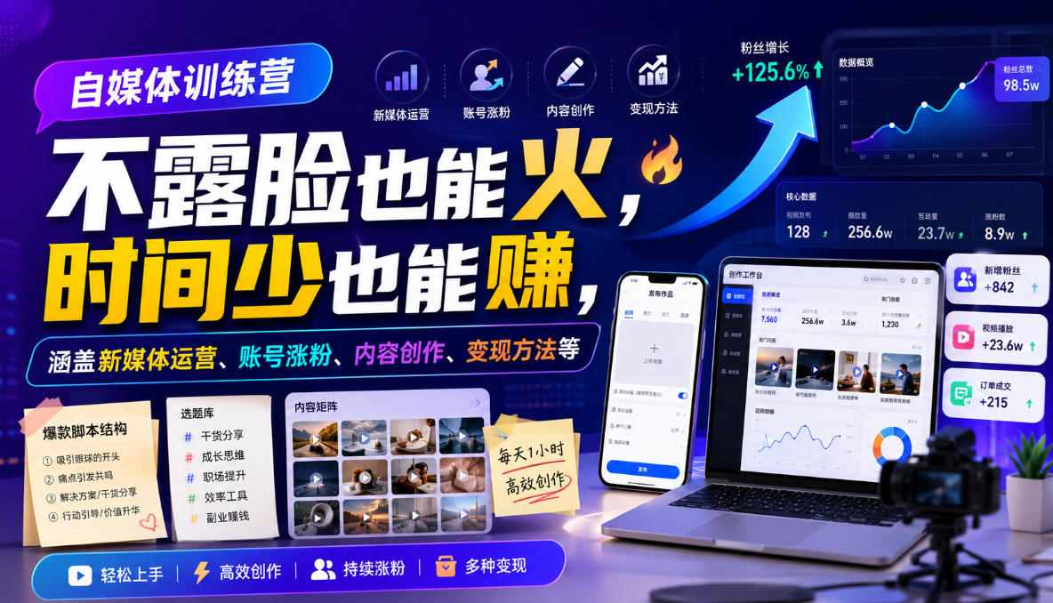 自媒体训练营，不露脸也能火，时间少也能賺，涵盖新媒体运营、账号涨粉、内容创作、变现方法等 - 臻优资源网