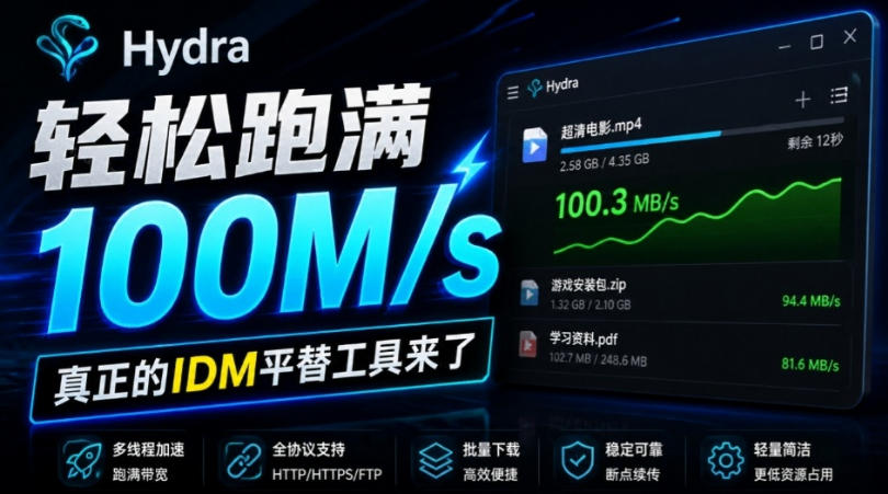 轻松跑满100M/s，真正的IDM平替工具来了，开源多线程器，支持浏览器拓展，一键智能加速Hydra Download Manager - 臻优资源网