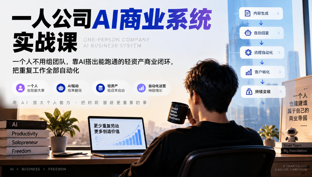 一人公司AI商业系统实战课，一个人不用组团队，靠AI搭出能跑通的轻资产商业闭环，把重复工作全部自动化 - 臻优资源网