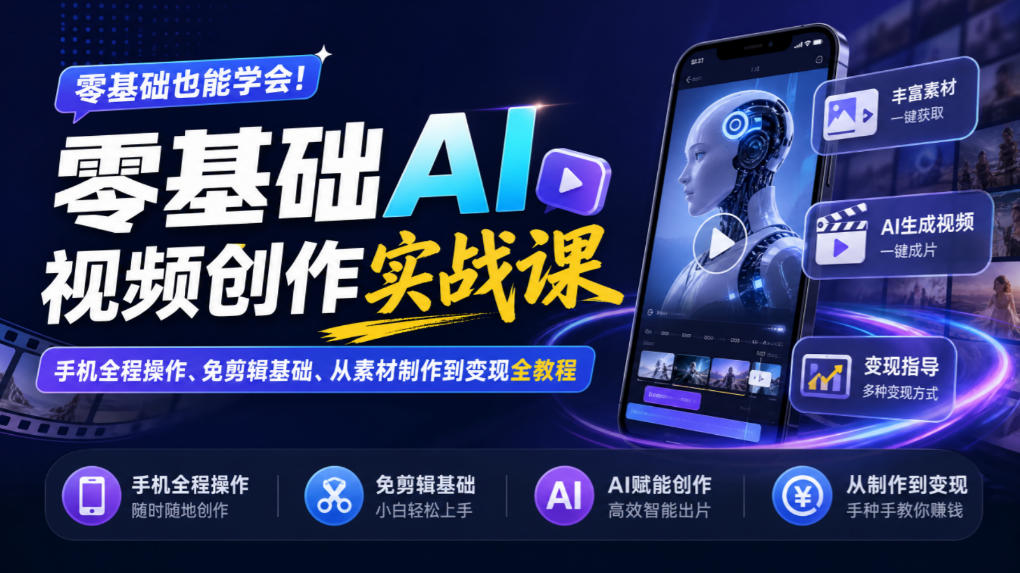 零基础AI视频创作实战课｜手机全程操作、免剪辑基础、从素材制作到变现全教程​ - 臻优资源网