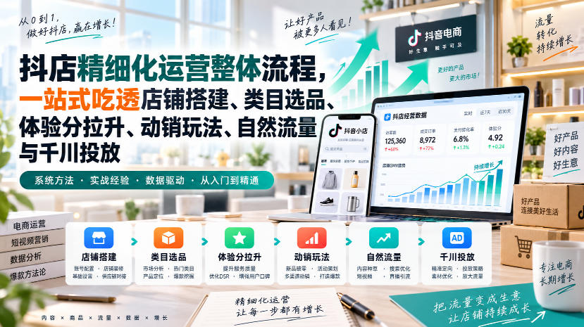 李哥电商-抖店精细化运营整体流程，一站式吃透店铺搭建、类目选品、体验分拉升、动销玩法、自然流量与千川投放 - 臻优资源网