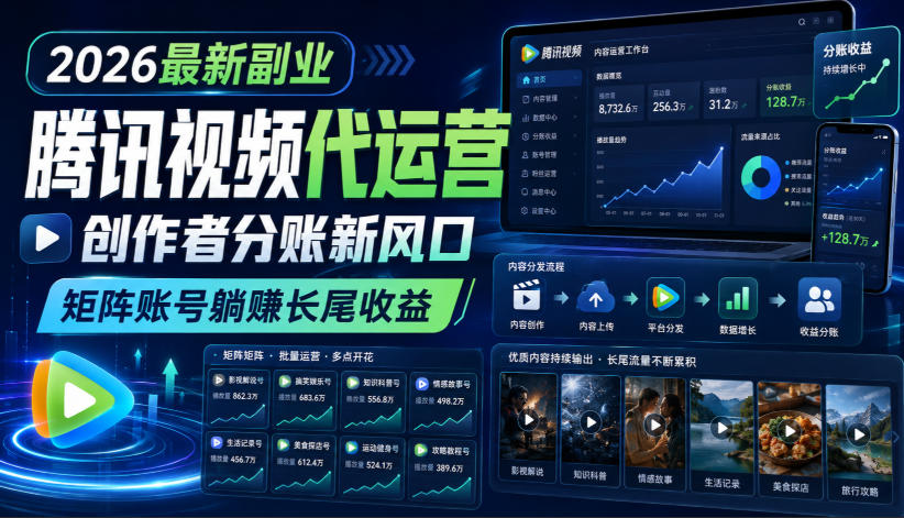 2026最新副业之腾讯视频代运营：创作者分账新风口，矩阵账号躺賺长尾收益【揭秘】 - 臻优资源网