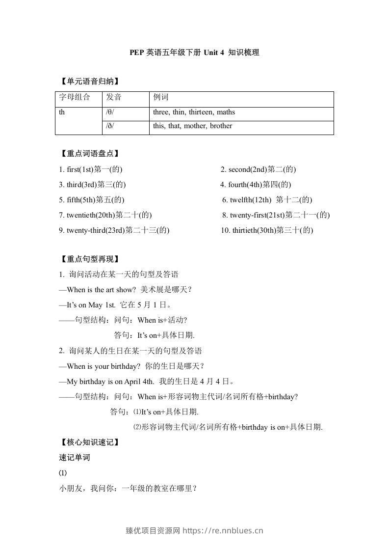 五年级英语下册单元知识梳理-Unit4Whenistheartshow（人教PEP版） - 臻优资源网