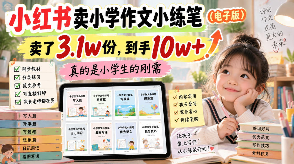 小红书卖小学作文小练笔（电子版），卖了3.1w份，到手10w+，真的是小学生的刚需 - 臻优资源网