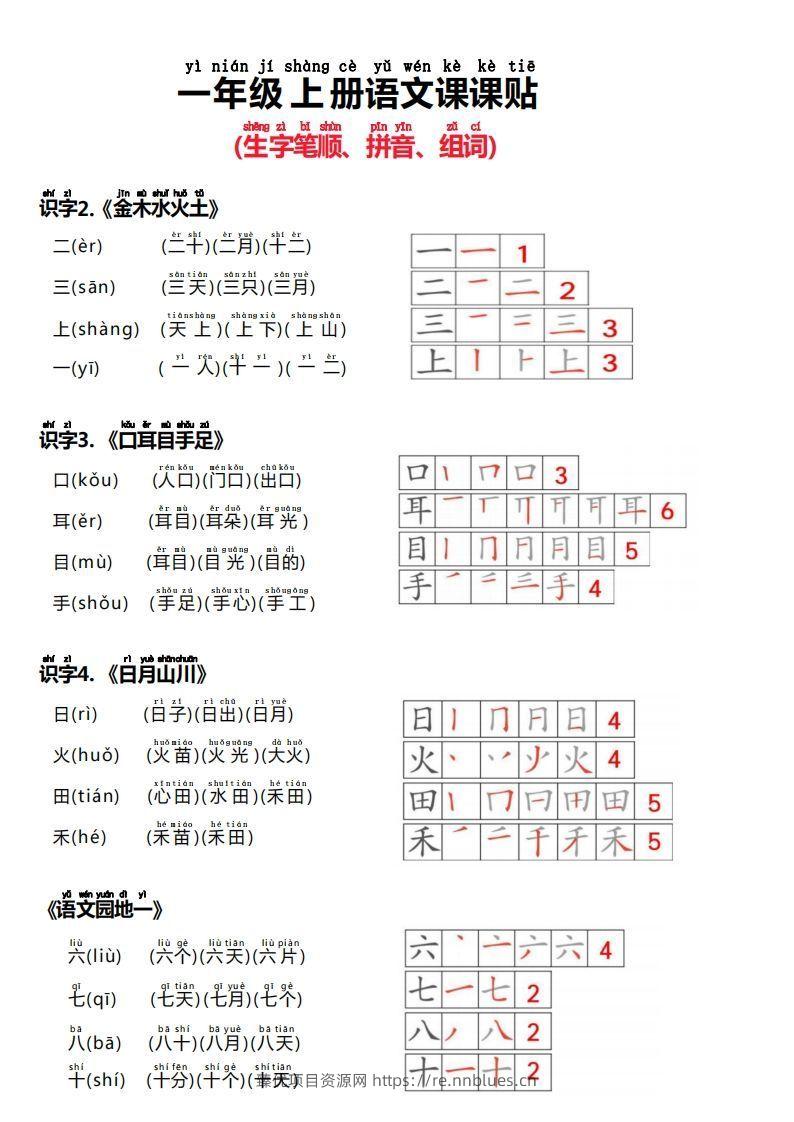 24秋新版一上语文课课贴（生字笔顺、拼音、组词） - 臻优资源网