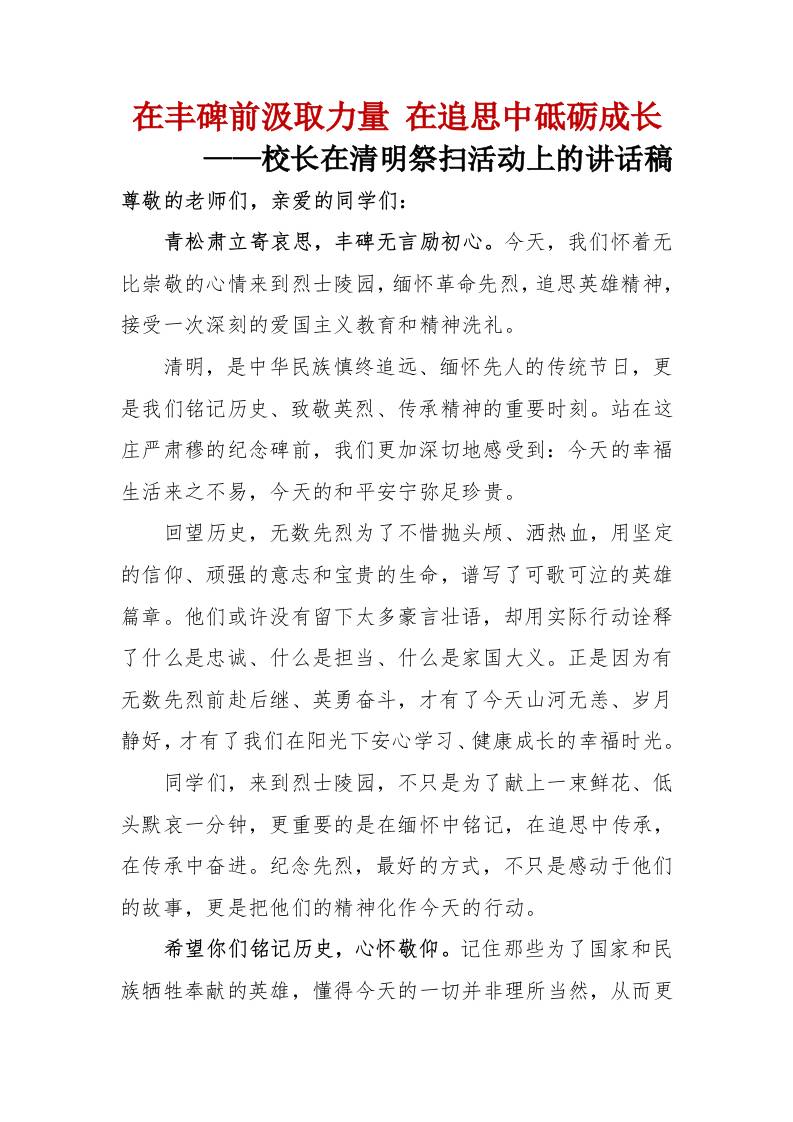 在丰碑前汲取力量在追思中砥砺成长——校长在清明祭扫活动上的讲话稿 - 臻优资源网