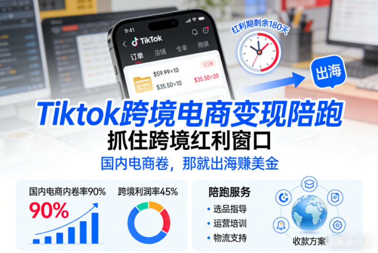 Tiktok跨境电商变现陪跑，抓住跨境红利窗口，国内电商卷，那就出海賺美金 - 臻优资源网