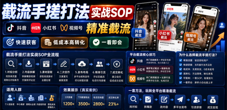 截流手搓打法实战SOP，抖音小红书视频号精准截流，快速获客，低成本高转化，一看即会 - 臻优资源网