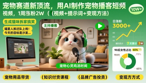 宠物赛道新顶流，用AI制作宠物播客短视频，1周涨粉2W（视频+提示词+变现方法） - 臻优资源网
