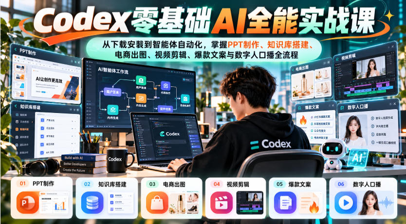 Codex零基础AI全能实战课：从下载安装到智能体自动化，掌握知识库搭建、电商出图、视频剪辑、爆款文案与数字人口播全流程 - 臻优资源网