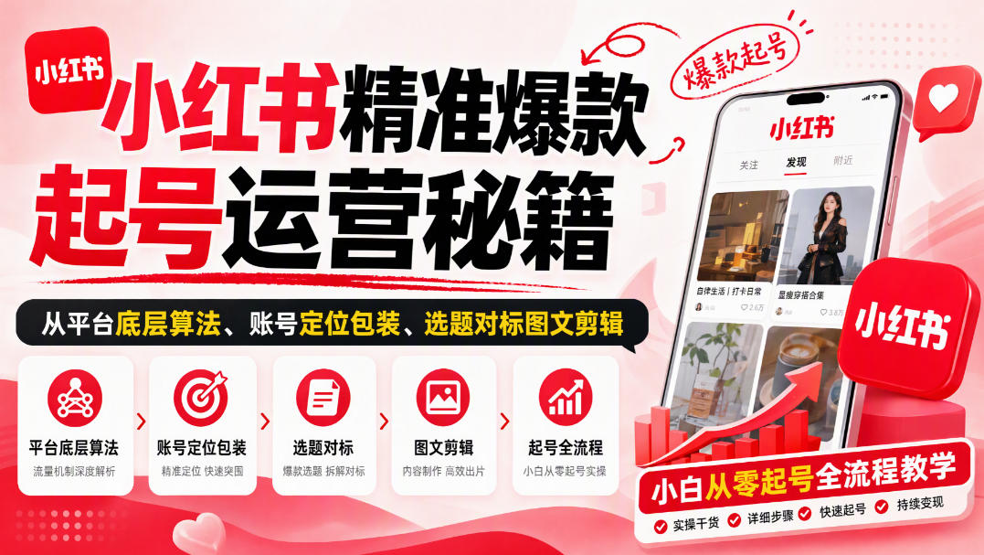小红书精准爆款起号运营秘籍，从平台底层算法、账号定位包装、选题对标图文剪辑，小白从零起号全流程 - 臻优资源网