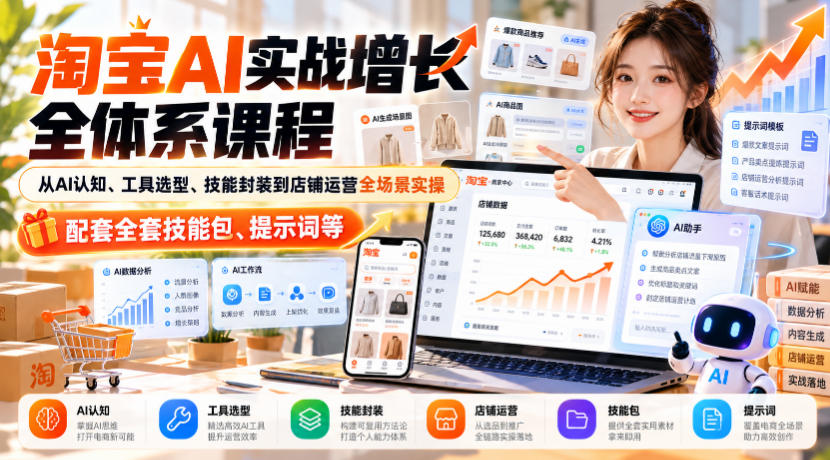 淘宝AI实战增长全体系课程，从AI认知、工具选型、技能封装到店铺运营全场景实操，配套全套技能包、提示词等 - 臻优资源网