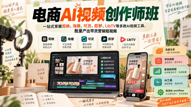 电商AI视频创作师班，一站式掌握剪映、海螺、可灵、即梦、LibTV等多款AI视频工具，批量产出带货营销短视频 - 臻优资源网