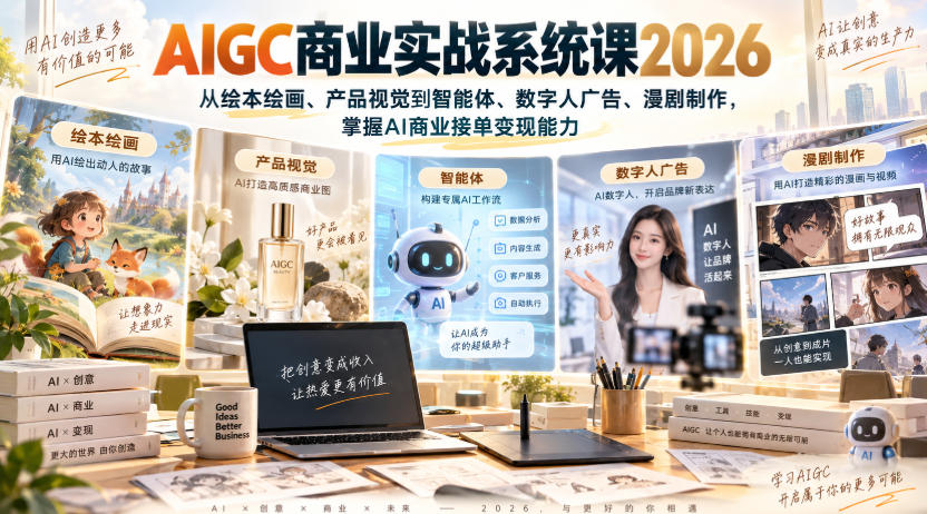 AIGC商业实战系统课2026，从绘本绘画、产品视觉到智能体、数字人广告、漫剧制作，掌握AI商业接单变现能力 - 臻优资源网