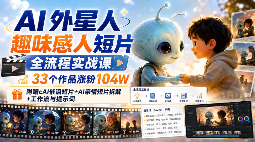 AI外星人趣味感人短片全流程实战课，33个作品涨粉104W，附赠AI催泪短片+AI亲情短片拆解+工作流与提示词 - 臻优资源网