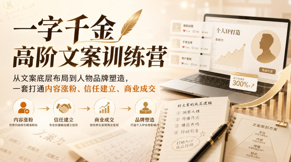 一字千金高阶文案训练营，从文案底层布局到人物品牌塑造，一套打通内容涨粉、信任建立、商业成交 - 臻优资源网