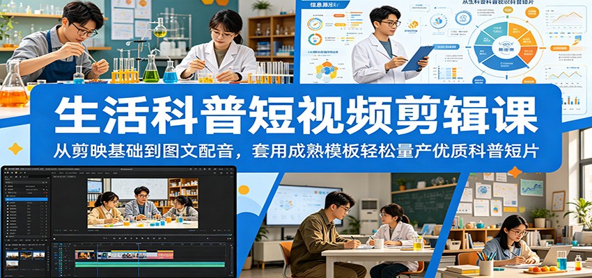 生活科普短视频剪辑课：从剪映基础到图文配音，套用成熟模板轻松量产优质科普短片 - 臻优资源网