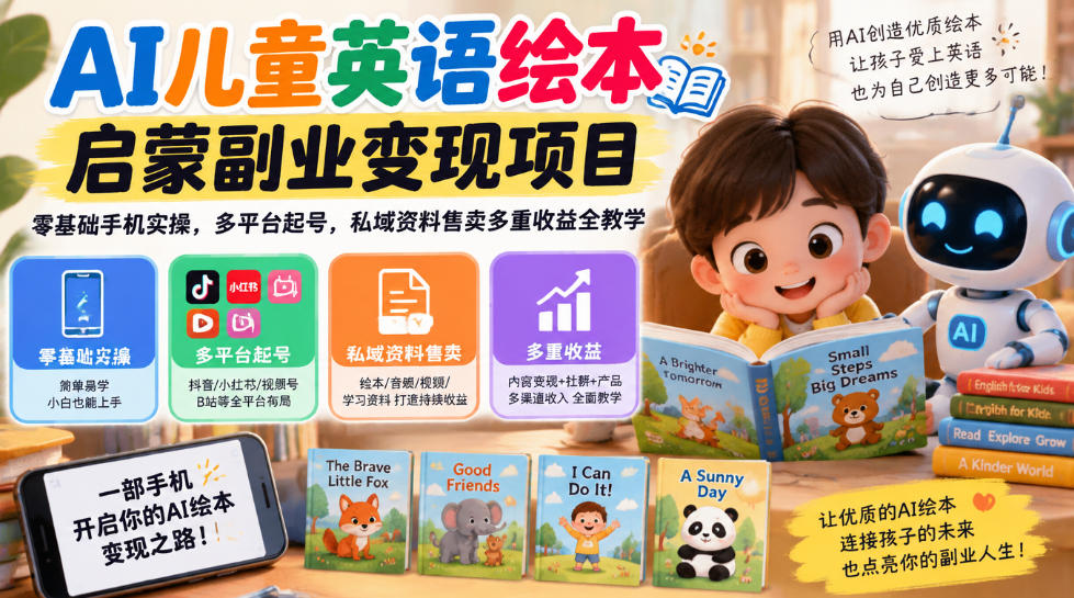 AI儿童英语绘本启蒙副业变现项目，零基础手机实操，多平台起号，私域资料售卖多重收益全教学 - 臻优资源网