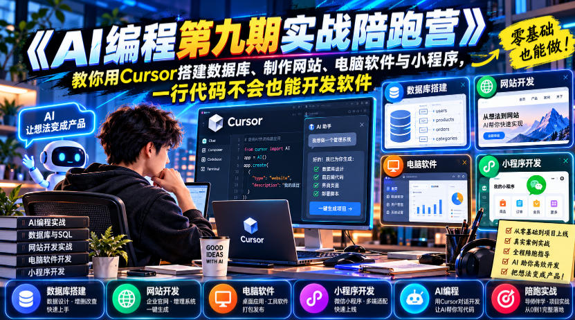 【无水印】《AI编程第九期实战陪跑营》教你用Cursor搭建数据库、制作网站、电脑软件与小程序，一行代码不会也能开发软件 - 臻优资源网