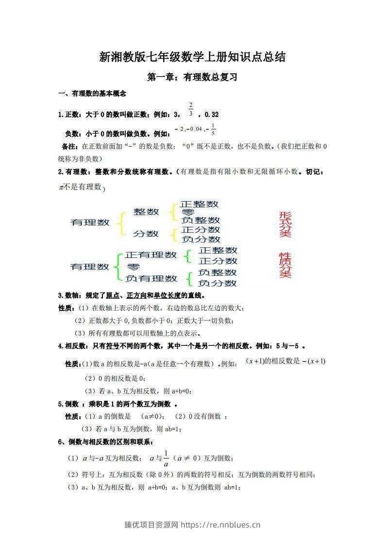 湘教版数学七年级上册知识点汇总 - 臻优资源网