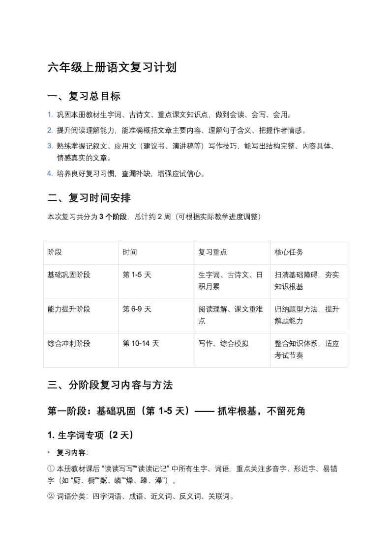 秋季学期六年级上册语文复习计划 - 臻优资源网