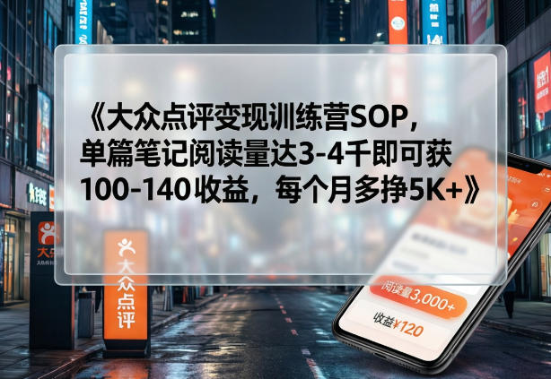 大众点评变现训练营SOP，单篇笔记阅读量达3-4千即可获100-140收益，每个月多挣5K+ - 臻优资源网