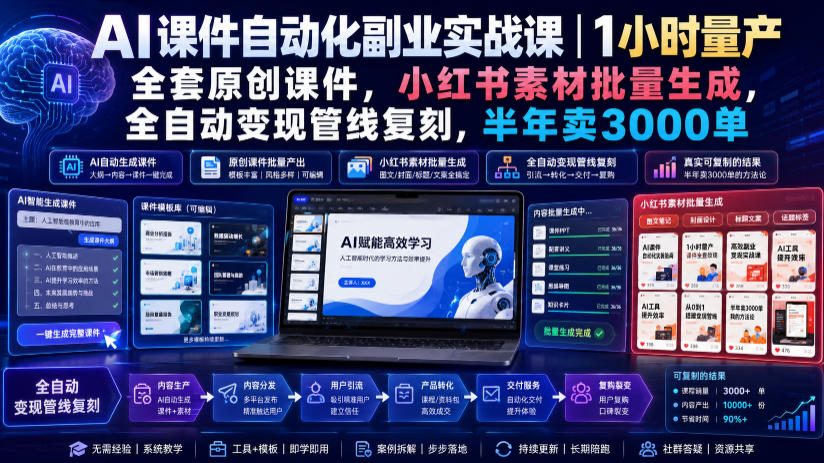 AI课件自动化副业实战课｜1小时量产全套原创课件，小红书素材批量生成，全自动变现管线复刻，半年卖3000单 - 臻优资源网