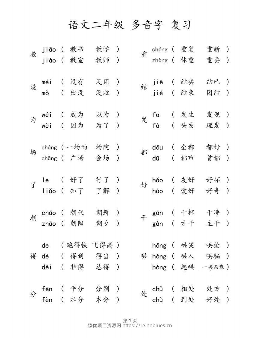 二下语文【多音字汇总归纳】 - 臻优资源网