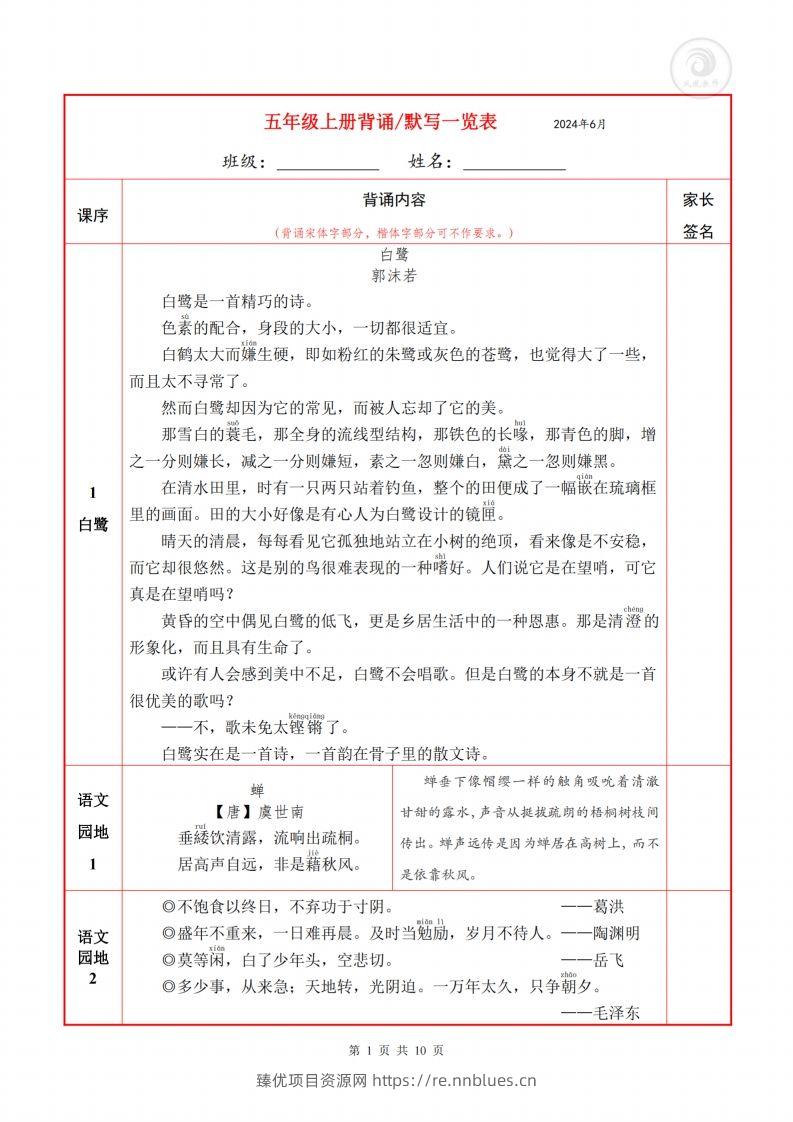 五上语文必背内容默写表 - 臻优资源网